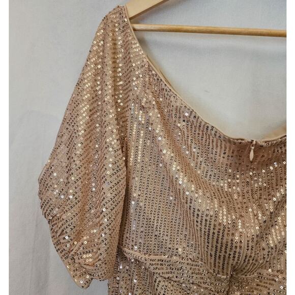 Gold Sequin Flowing 1920's Style Evening Gown Dress Size XL Waist 34 Bridesmaid - Picture 9 of 13